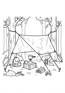Voir le coloriage Tarp de bivouac tendu entre des arbres pour protéger un coin cuisine minimaliste de la pluie