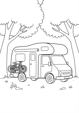 Voir le coloriage Camping-car garé sous les arbres avec des vélos fixés sur le porte-vélos arrière