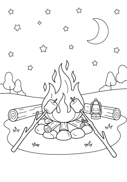 Voir le coloriage Feu de camp crépitant joyeusement sous les étoiles avec des guimauves grillant sur des branches