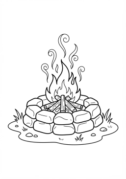 Voir le coloriage Feu de camp crépitant dans un foyer en pierres dressé au centre du campement de nuit