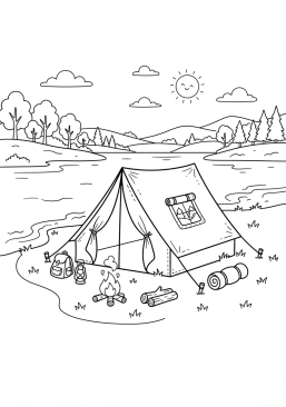 Voir le coloriage Tente de camping canadienne dressée sur une pelouse verdoyante au bord d'un lac paisible