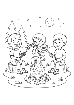 Voir le coloriage Enfants riant en faisant griller des saucisses sur de longs picots en bois autour du foyer
