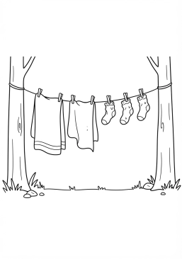 Voir le coloriage Corde à linge tendue entre deux arbres avec des serviettes de bain et des chaussettes mouillées