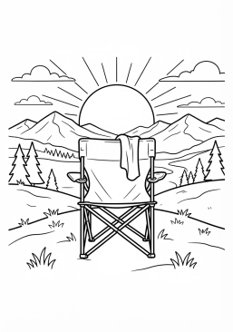 Voir le coloriage Fauteuil de camping pliable et confortable installé face au coucher du soleil sur la colline