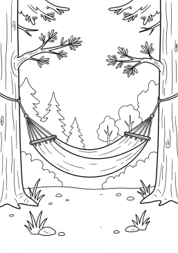 Voir le coloriage Hamac confortable suspendu entre deux grands pins dans une forêt lumineuse
