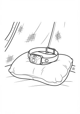 Voir le coloriage Lampe frontale élastique posée sur un oreiller de voyage à l'intérieur de la tente sombre