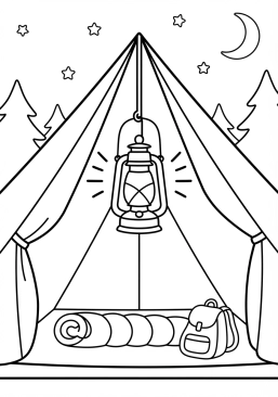 Voir le coloriage Lampe torche suspendue à l'intérieur de la toile d'une tente lors d'une veillée nocturne