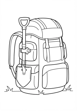 Voir le coloriage Pelle de camping pliante fixée sur le côté d'un sac à dos de grande randonnée