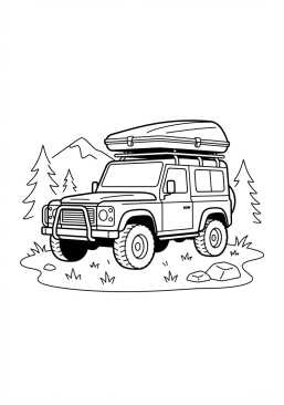 Voir le coloriage Tente de toit rigide installée sur le toit d'un 4x4 baroudeur au milieu de la nature