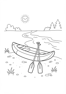Voir le coloriage Canoë gonflable et pagaies posés sur le rivage sableux d'une rivière sauvage