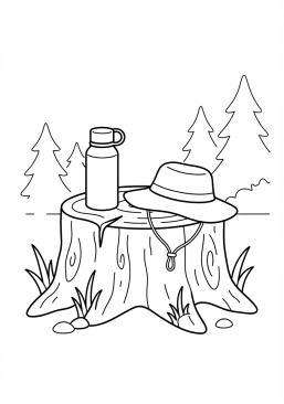 Voir le coloriage Bouteille d'eau isotherme et chapeau de randonnée posés sur une souche de bois ensoleillée