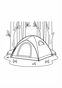 Voir le coloriage Tente dôme moderne montée sur un emplacement herbeux d'un camping boisé