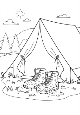 Voir le coloriage Chaussures de randonnée boueuses laissées soigneusement à l'entrée de la toile de la tente