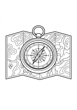 Voir le coloriage Boussole de poche dorée ouverte posée sur une carte géographique détaillée