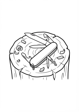 Voir le coloriage Couteau suisse multifonction ouvert posé sur une bûche avec des copeaux de bois