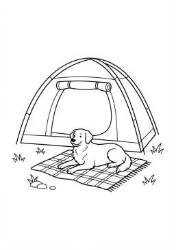 Voir le coloriage Chien de compagnie sagement couché sur une couverture de camping devant la tente ouverte