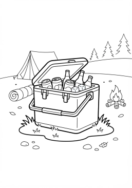 Voir le coloriage Glacière portable remplie de boissons fraîches posée sur l'herbe près d'un campement