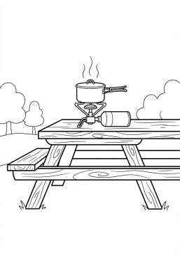 Voir le coloriage Réchaud à gaz portable posé sur une table de pique-nique en bois avec une casserole d'eau