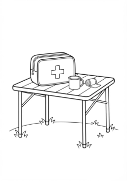Voir le coloriage Trousse de premiers secours rouge avec une croix blanche posée sur une table de camping