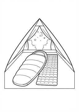 Voir le coloriage Sac de couchage déroulé à côté d'un matelas de sol isolant à l'intérieur de la tente