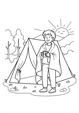 Voir le coloriage Camper souriant tenant une tasse de café fumante au réveil devant sa tente au lever du jour