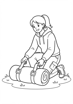 Voir le coloriage Jeune femme souriante ajustant les sangles de son sac de couchage avant le départ