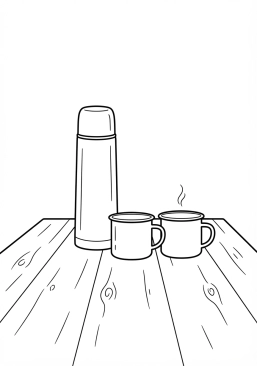 Voir le coloriage Thermos en acier inoxydable et tasses en émail posés sur une table en bois le matin