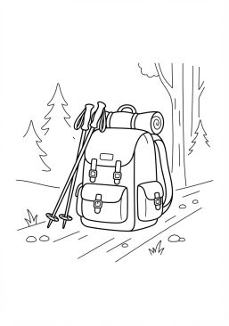 Voir le coloriage Sac à dos de randonnée robuste posé à côté de bâtons de marche sur un sentier forestier
