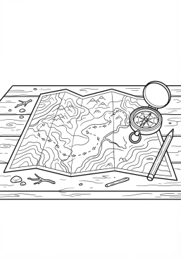 Voir le coloriage Carte topographique dépliée et boussole ancienne posées sur une table en bois pour tracer l'itinéraire