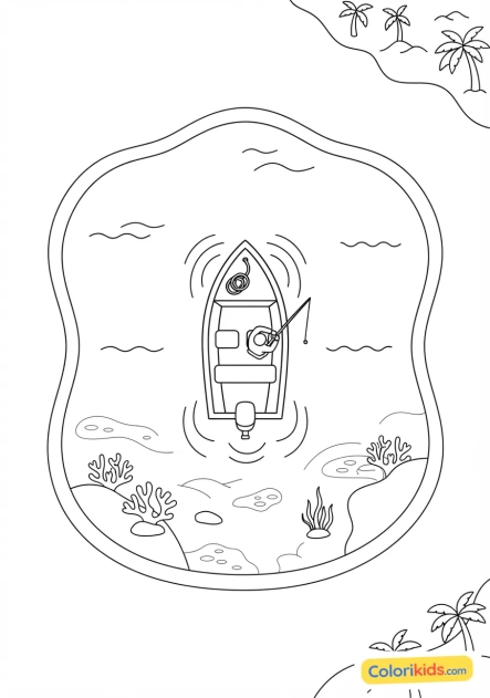 Coloriage à imprimer : vue aérienne d'un petit bateau de pêche naviguant sur l'eau turquoise d'un lagon