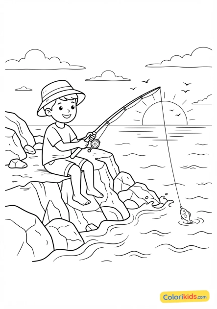 Coloriage à imprimer : pêche à la ligne sur une jetée rocheuse au coucher du soleil avec des vagues douces