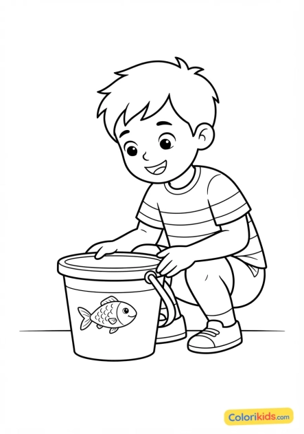 Coloriage à imprimer : enfant découvrant avec émerveillement un petit poisson dans un seau en plastique bleu