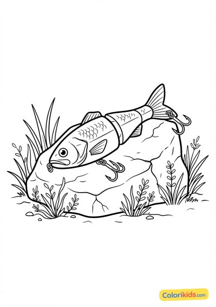 Printable coloring page: colorful artificial fish-shaped lure placed on a rock with herbs