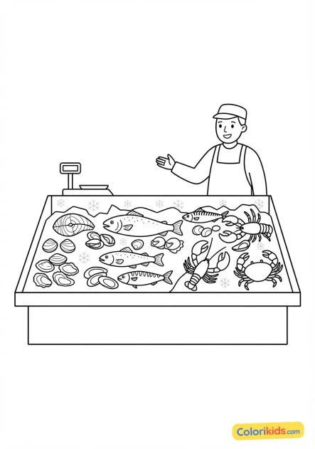 Coloriage à imprimer : Étal de poissonnier coloré sur un marché avec des poissons frais et des crustacés glacés