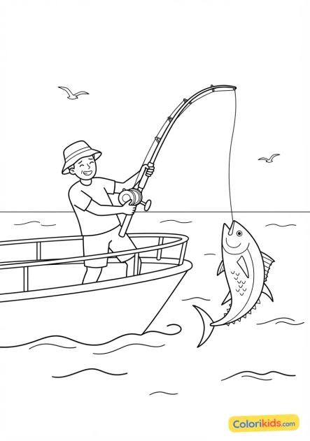 Coloriage à imprimer : pêche sportive en mer avec un moulinet lourd en train de combattre un grand thon