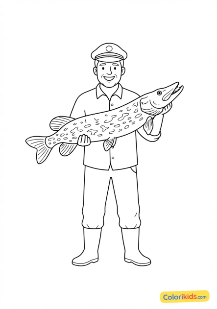 Coloriage à imprimer : pêcheur tenant un brochet impressionnant avec fierté devant l'objectif