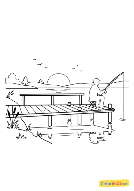 Coloriage à imprimer : pêcheur sur une jetée en bois au crépuscule silhouetté contre un ciel orangé