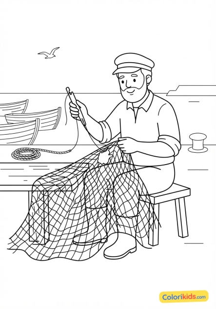 Coloriage à imprimer : pêcheur réparant habilement ses filets avec une aiguille spéciale sur le port
