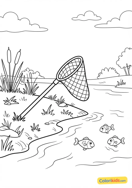 Coloriage à imprimer : Épuisette de pêche prête à l'eau sur la berge herbeuse d'une rivière poissonneuse