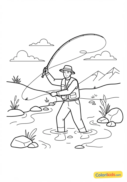 Printable coloring page: fly fisherman in the crystal clear water of a mountain river casting