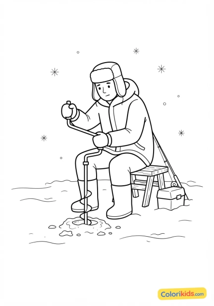 Coloriage à imprimer : pêcheur sur glace creusant un trou dans la surface gelée d'un lac enneigé