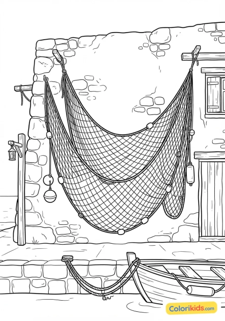 Coloriage à imprimer : grand filet de pêche suspendu pour sécher sur les murs blanchis d'un port de village