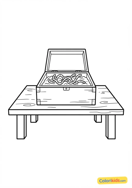 Coloriage à imprimer : boîte d'appâts vivants avec des vers de terre sur une table en bois de camping