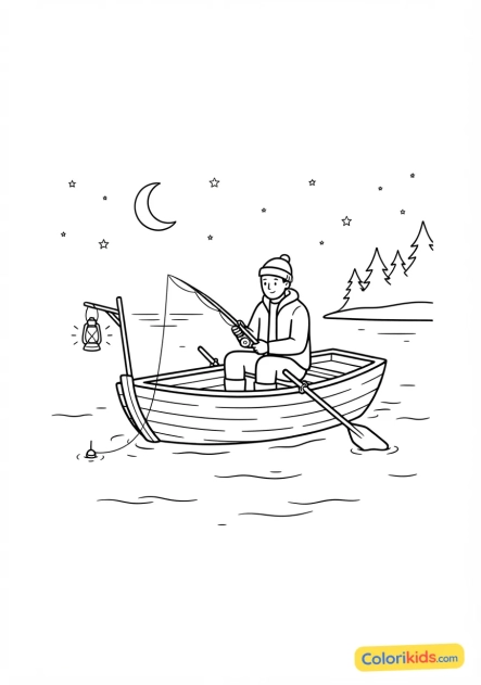 Coloriage à imprimer : pêcheur de nuit sur un lac calme avec une petite lanterne suspendue sur sa barque
