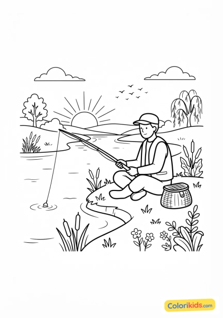 Coloriage à imprimer : pêcheur à la ligne patient assis sur une berge verdoyante au lever du soleil