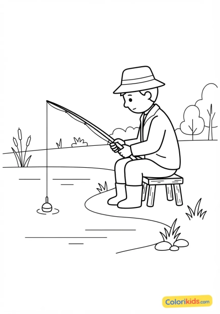Coloriage à imprimer : pêcheur patient observant son bouchon rouge et blanc immobile sur l'eau calme