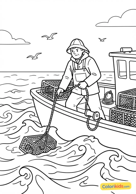 Coloriage à imprimer : pêcheur professionnel relevant ses casiers à homards sur une mer agitée