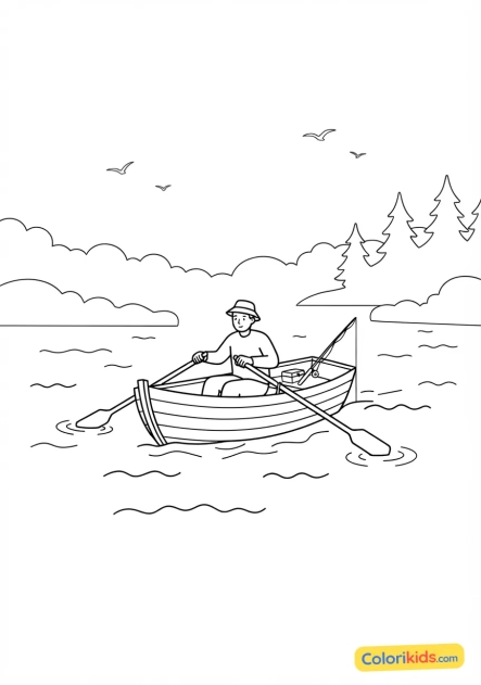 Coloriage à imprimer : rameur d'une barque de pêche glissant silencieusement sur un lac brumeux matinal
