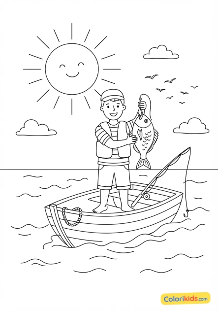 Coloriage à imprimer : pêcheur en mer sur un bateau sous un grand soleil tenant une belle daurade frétillante