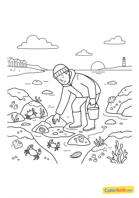 Coloriage à imprimer : pêcheur à pied sur les rochers découverts à marée basse ramassant des crustacés